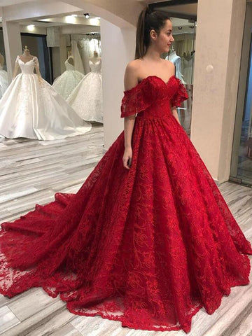 Off The Shoulder Lace Long Prom Dresses Chapel Train Party Dresses