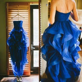 High Low Royal Blue Organza Prom Gowns Strapless Evening Dresses For Teens Brides JS158