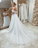 A-Line Tulle Applique Off-the-Shoulder Wedding Dresses Online