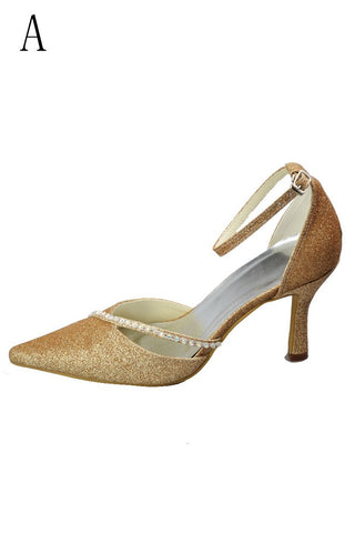 Gorgeous Sequin Shiny Pointed Toe Ankle Strap Shoes For Prom JS0009