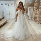 A-Line Tulle Applique Off-the-Shoulder Wedding Dresses Online