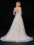 Elegant A-Line Tulle V-Neck V-Back Appliques Beads Ivory Cheap Prom Dresses JS496