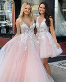 Princess V Neck Pink Long Tulle Lace Appliques Open Back Party Dress Prom Dresses JS66