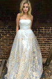 A-Line Strapless Lace Appliques Ivory Tulle Prom Dresses with Appliques Pockets JS819