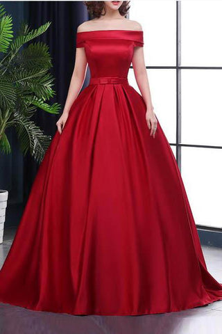 Chic A-Line Off-the-Shoulder Satin Simple Red Sleeveless Lace up Long Prom Dresses JS182