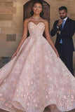 Princess Sexy A-Line Sweetheart Strapless Pink Beaded Lace Prom Dress with Appliques JS801