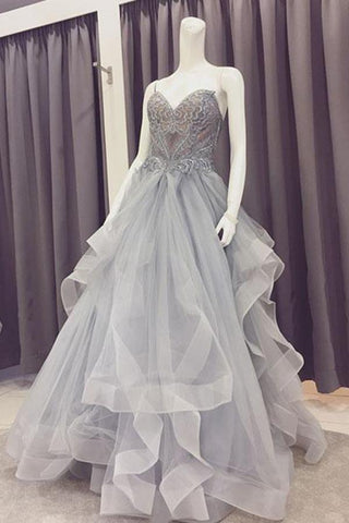 A Line Sweetheart Beads Organza Gray Lace Appliques Strapless Cheap Prom Dresses JS818