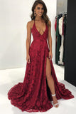 Sexy Lace Deep V Neck Side Slit A Line Long Backless Halter Burgundy Prom Dresses JS899