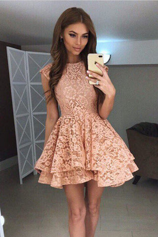 A-Line Pink Sleeveless Lace Short Homecoming Dresses