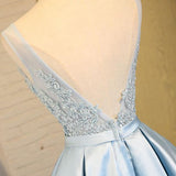 Blue A Line Princess V Neck Backless Appliques Homecoming Dresses