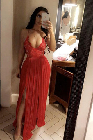 A Line V Neck Chiffon Side Slit Spaghetti Straps Sleeveless Lace Long Prom Dresses uk PW312