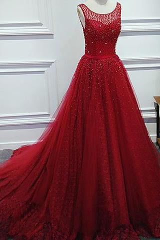 Luxurious A-Line Round Neck Red Long Prom Dress with Pearl