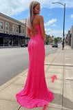 Sparkly Mermaid Sequined Hot Pink Evening Gown Sleeveless Long Prom Dresses with Slit