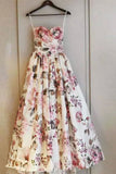 Simple Sweetheart Long Prom Dresses Floral Strapless Evening Dresses JS570