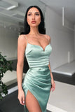 Green Spaghetti Straps Mermaid Prom Dress With High Slit