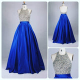 Dark Royal Blue Open Back Halter Prom Dresses Beaded Bodice Satin Floor-Length