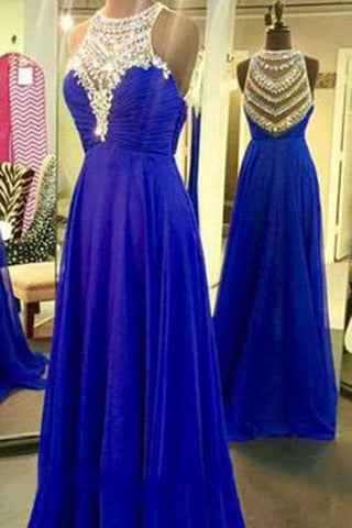 Royal Blue Sparkle Beads Halter Pretty Illusion High Neck Chiffon Prom Dresses JS405