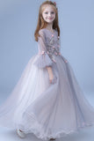 Cute V Neck Long Sleeves Tulle Floor Length A Line With Appliques Flower Girl Dresses