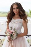 A Line Nude Tulle Pink Lace Appliqued Ball Gown Lace up Beach Wedding Dresses JS918