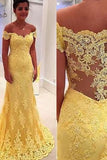 Elegant Sheath Yellow Lace Off Shoulder Long Prom Dresses JS662