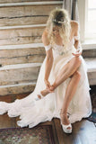 Elegant Off-shoulder Sweetheart Beading Sash Long Chiffon Wedding Dresses JS127