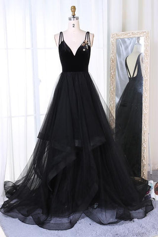 New Arrival A-Line V-Neck Black Velvet Up Tulle Backless Sleeveless Long Prom Dresses UK JS333