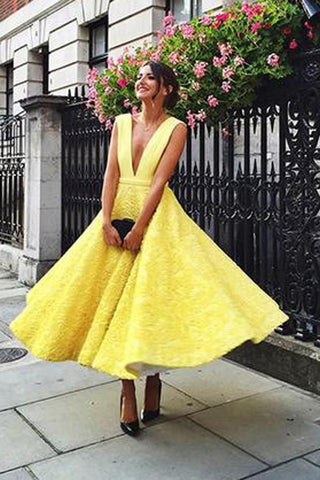 A-Line Deep V-Neck Cute Yellow Tea Length Sleeveless Open Back Lace Prom Dresses UK JS475