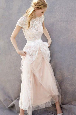 Lovely Blush Pink Tulle Lace Bridal Dress Cap Sleeves Sleeveless Wedding Dress JS35