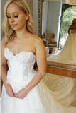 A-Line Sweetheart Strapless Lace Tulle White Sleeveless Wedding Dress with Appliques JS398