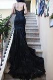 Charming Black Lace Spaghetti Strap Sweetheart Backless Mermaid Sweep Train Evening Dresses JS249