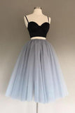 Two Pieces Black and Silver Short Tulle Sweetheart Spaghetti Strap Homecoming Dress JS200