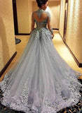 High Neck A-line Long Sleeve Tulle Appliques Sweep Train Long Prom Dresses JS416