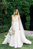 A Line Round Neck Floor Length V Neck Cheap Wedding Dress with Lace Appliques JS202