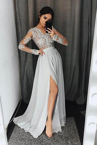 Stylish A-Line V-Neck Long Sleeves Split Front Gray Chiffon Long Prom Dresses JS327