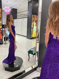 Sequins Grape V-Neck High Slit Formal Graduation Evening Dresses Long Prom Dresses