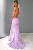 Sexy Mermaid Spaghetti Straps Lilac Tulle Lace Prom Evening Dresses with Appliques JS73