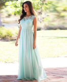 Affordable A-line Scoop Neck Lace Cap Sleeve Chiffon Floor-length Prom Dresses