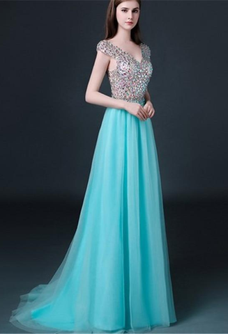 Unique Custom Ball Gown Long Scoop Backless Beaded Bodice Tulle Long Prom Dresses JS67