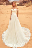 Sexy Off-the-Shoulder Sweep Train Sweetheart A-Line Tulle Ivory Floor-Length Wedding Dress JS865