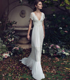 Charming Short Sleeves V-neck Open Back Long Lace Beach Wedding Dresses