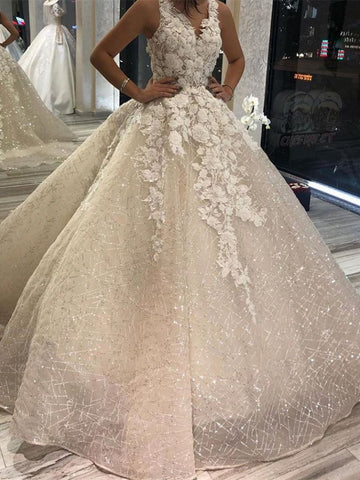 Shimmer Organza Ball Gown Wedding Dress With V Neck And Sequins Decorated