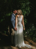 Charming Halter Sleeveless Lace A Line Backless Beach Wedding Dresses