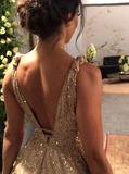 Sparkly Gold V Neck A-line Long Prom Dresses Evening Dresses