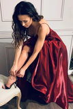 Chic Sleeveless Burgundy A-line Spaghetti Straps Long Prom Dresses