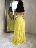 A-line Spaghetti Straps Yellow Lace Long Prom Dresses Party Dresses