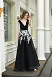 New Arrival Sleeveless Black Appliques Tulle Prom Dresses