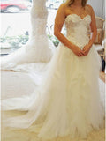 A-Line Sweetheart Strapless Lace Tulle White Sleeveless Wedding Dress with Appliques JS398