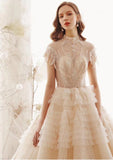 Elegant High Neck Ball Gown Wedding Dresses Short Sleeve Quinceanera Dresses JS773