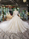 Lace Half Sleeve Round Neck Ball Gown Wedding Dresses Fashion Beads Wedding Gown JS775