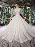 Lace Half Sleeve Round Neck Ball Gown Wedding Dresses Fashion Beads Wedding Gown JS775